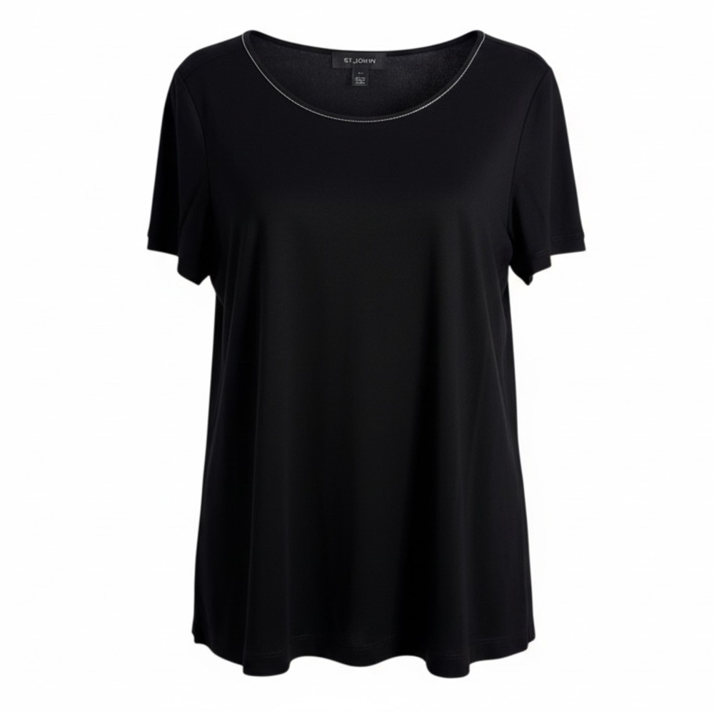 St. John Black Silk Short Sleeve Blouse Caviar - Picture 1 of 10